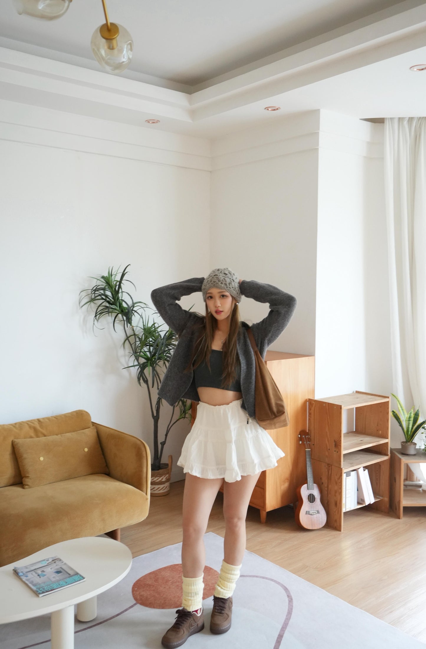 灰拼色牛仔領針織上衣/外套