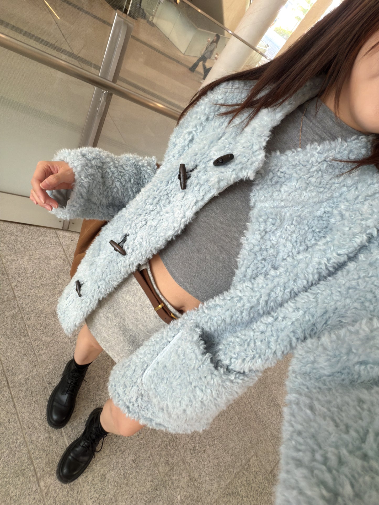 最美cutting! 絨面海浪邊半身裙（包皮帶）（深灰/淺灰）