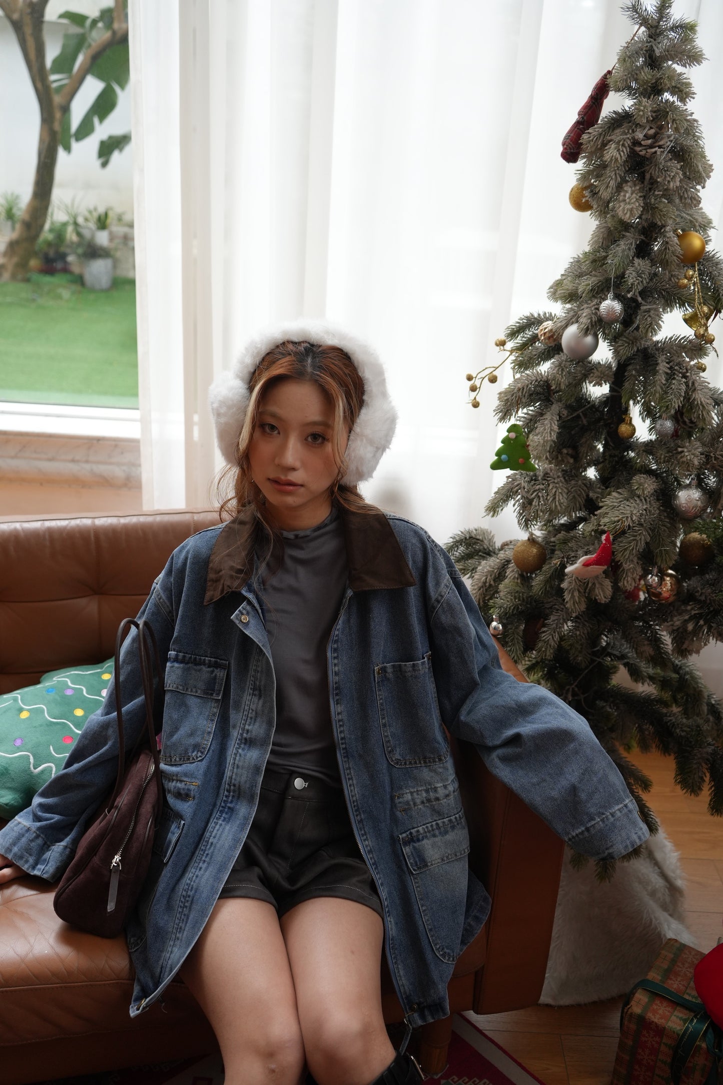 拼領洗水牛仔中長外套