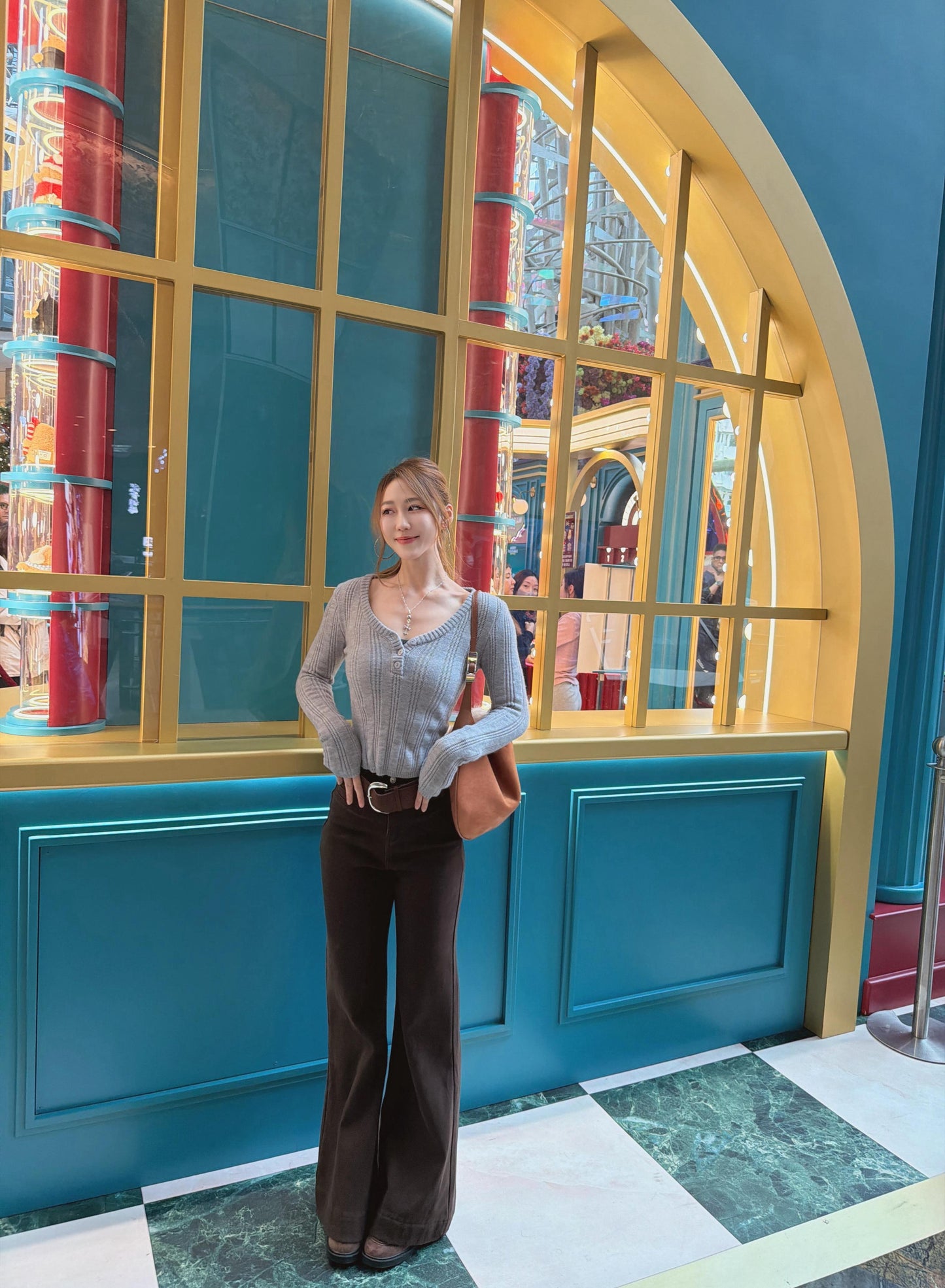 超顯瘦歐美V領針織上衣（灰）