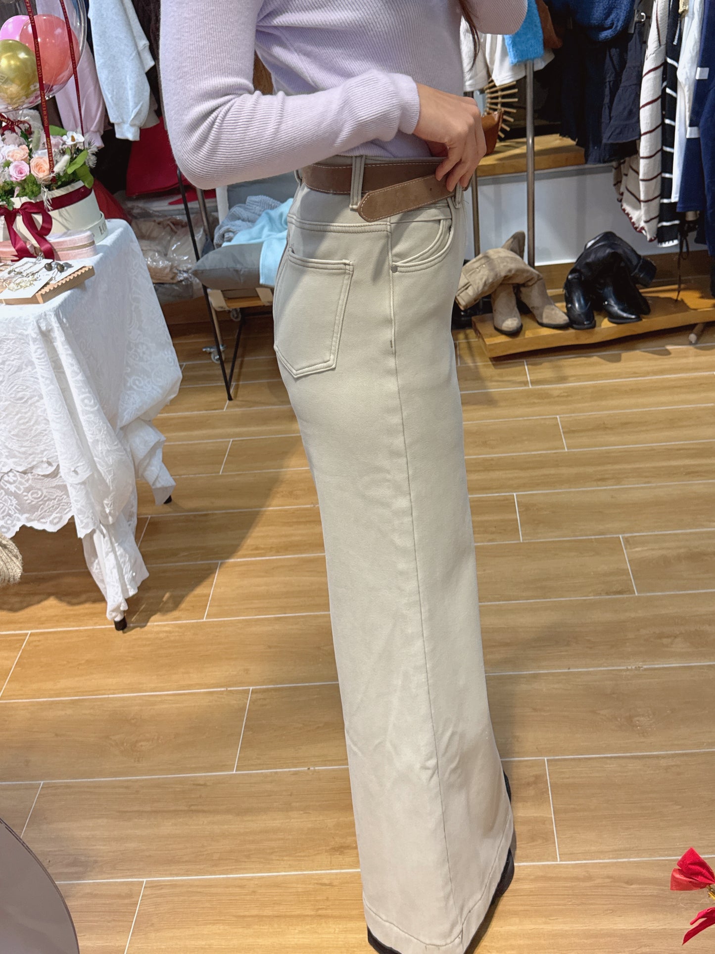 CU-冬日絨奶茶灰闊腳長腿褲(S/M/L）