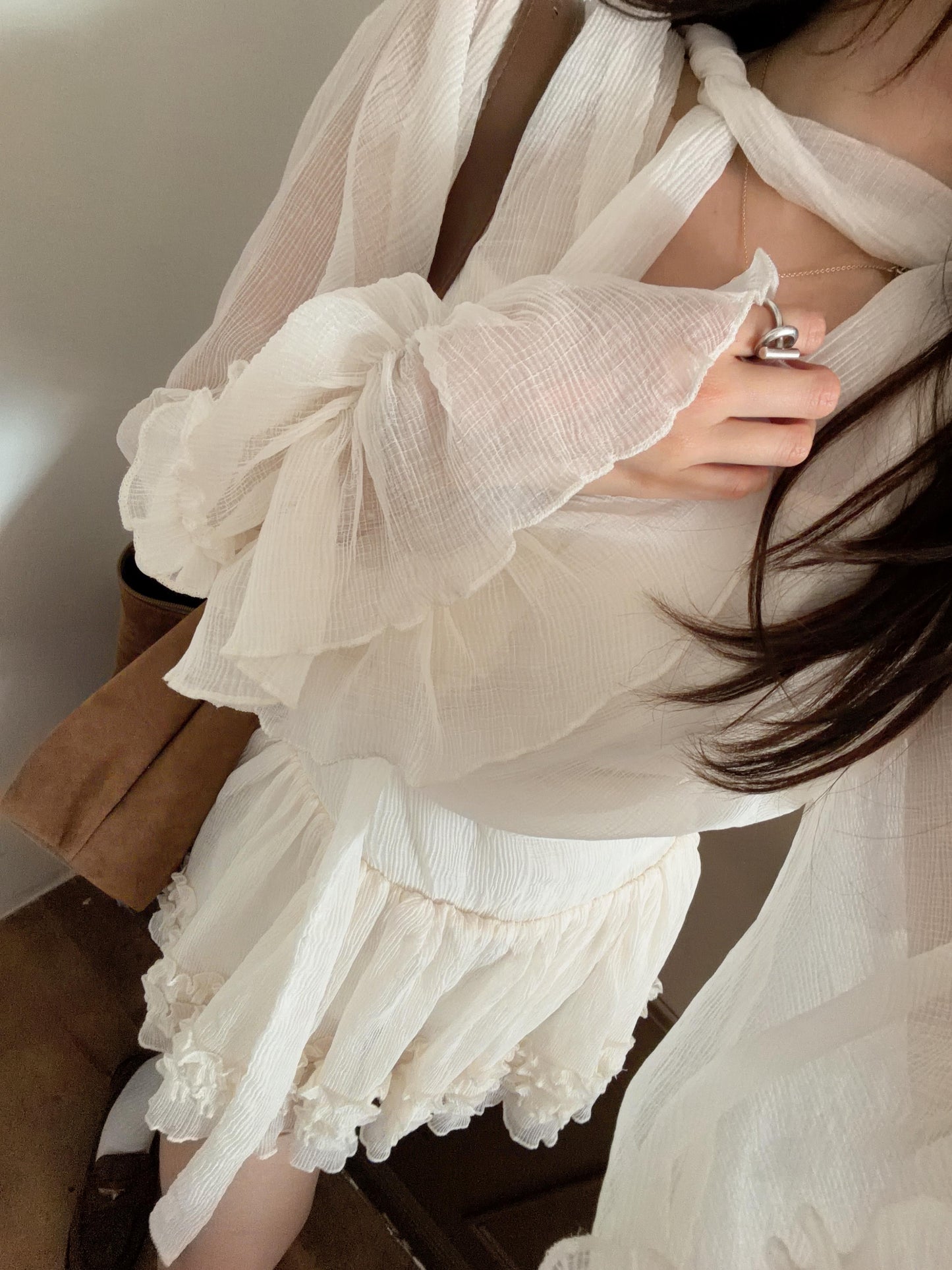 CU推薦* 透紗V領蓬蓬連身裙（淺杏）