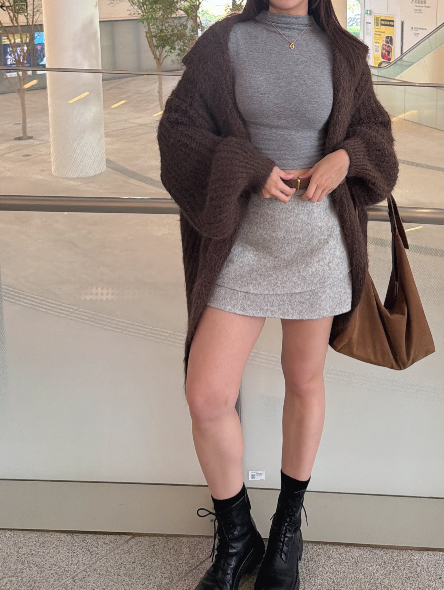 最美cutting! 絨面海浪邊半身裙（包皮帶）（深灰/淺灰）