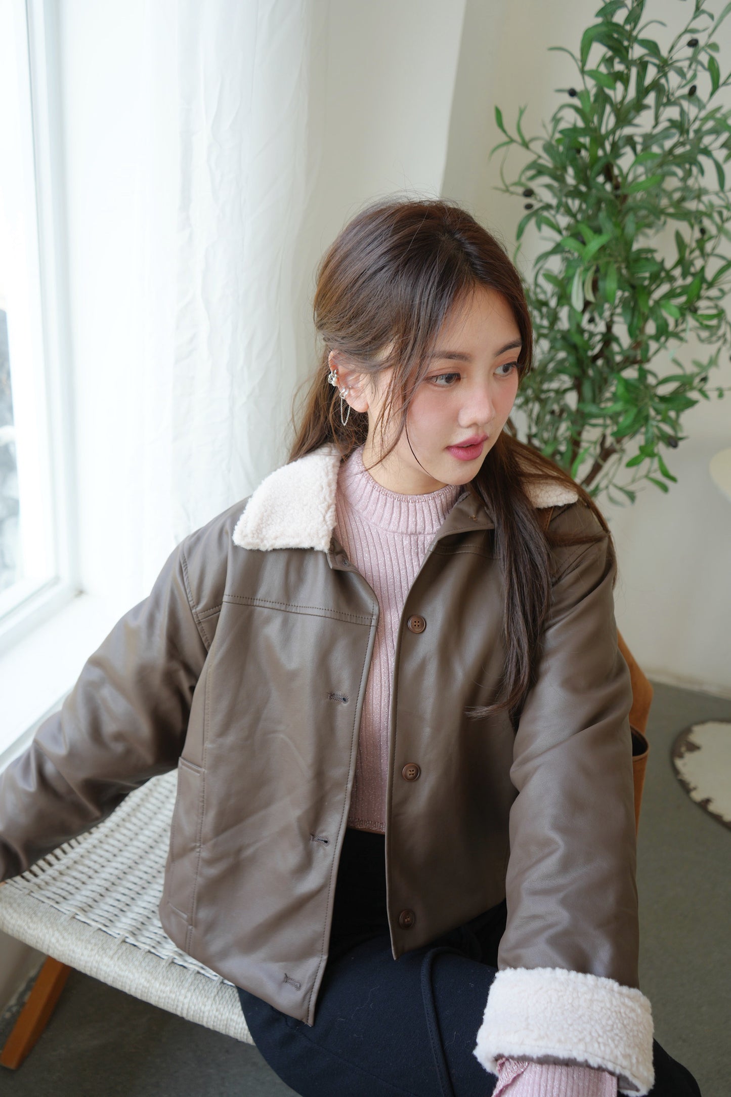 毛毛領拼皮夾棉外套