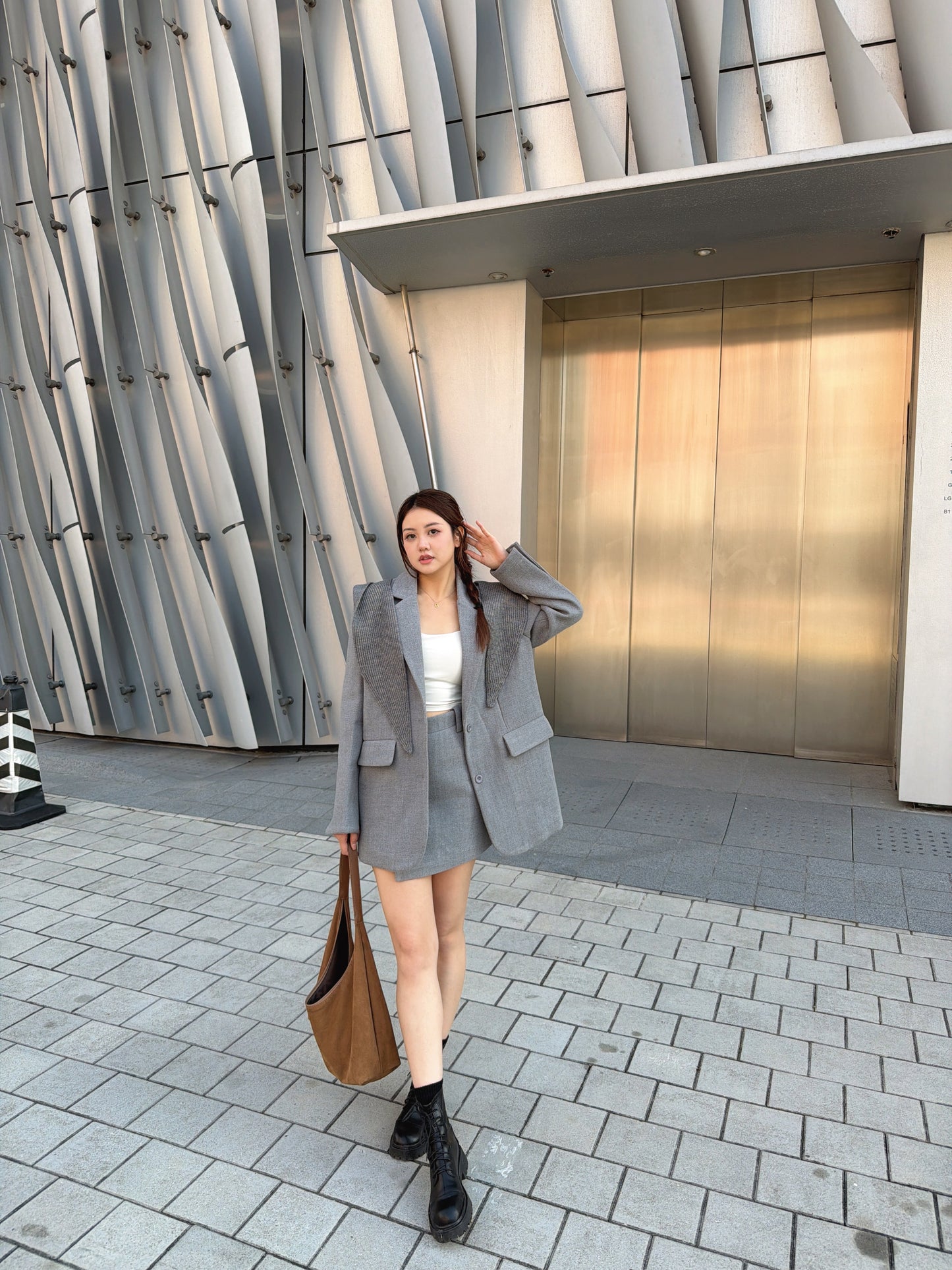 羊毛中長西裝褸套裝（啡/灰）