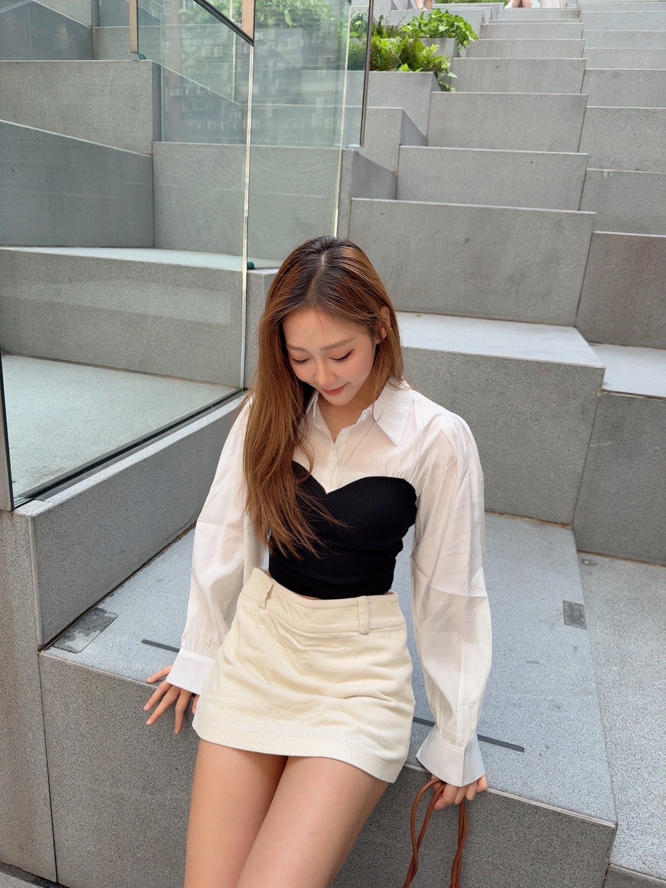 氣質小資女恤衫拼接上衣（啡/黑）