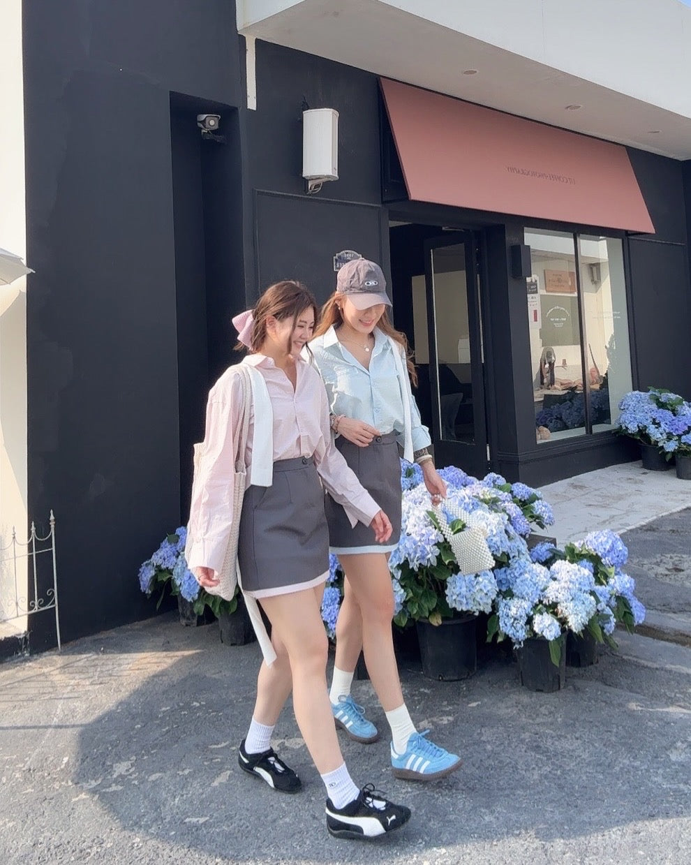 CU-清新學院風恤衫+高腰裙套裝（藍/粉）