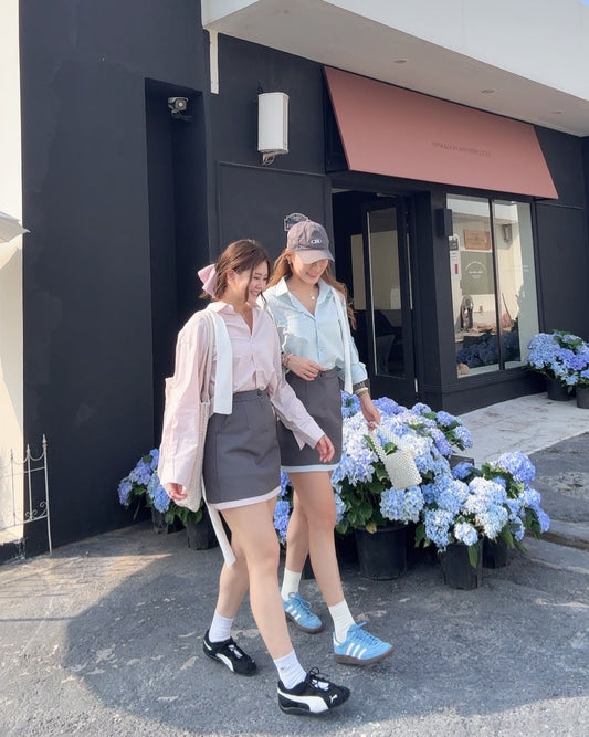 CU-清新學院風恤衫+高腰裙套裝（藍/粉）