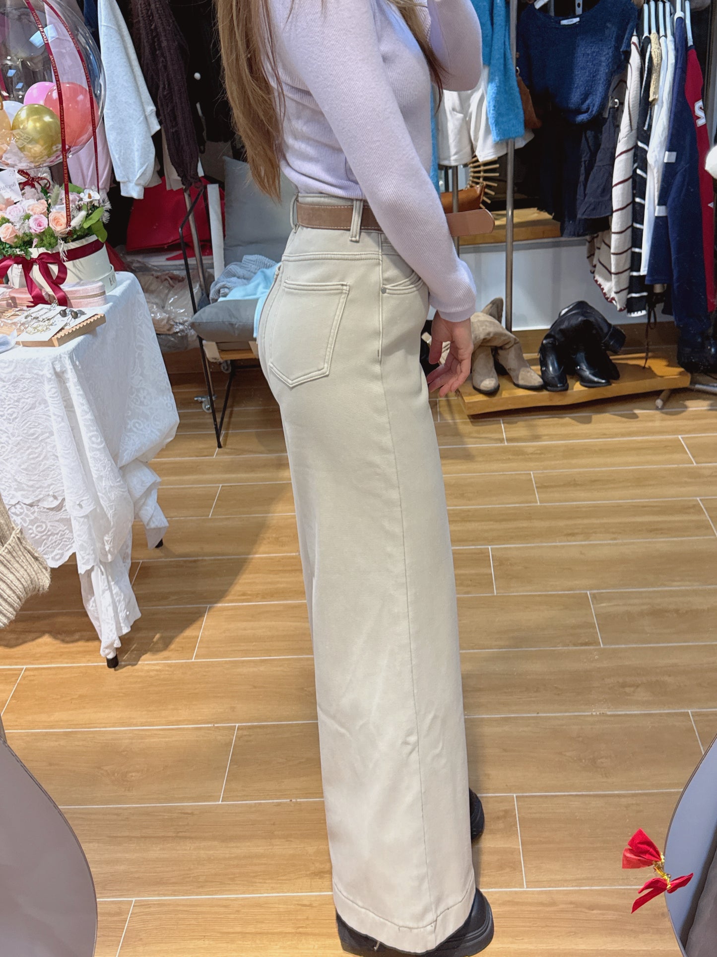 CU-冬日絨奶茶灰闊腳長腿褲(S/M/L）