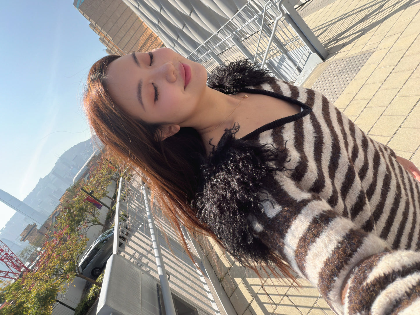 毛毛V領間條針織冷衫（黑/啡）