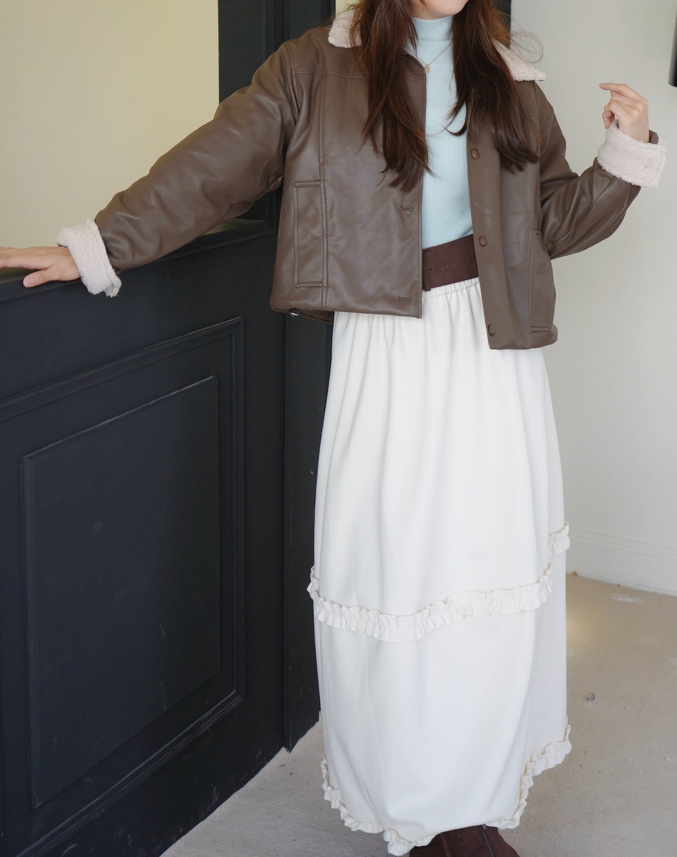 毛毛領拼皮夾棉外套