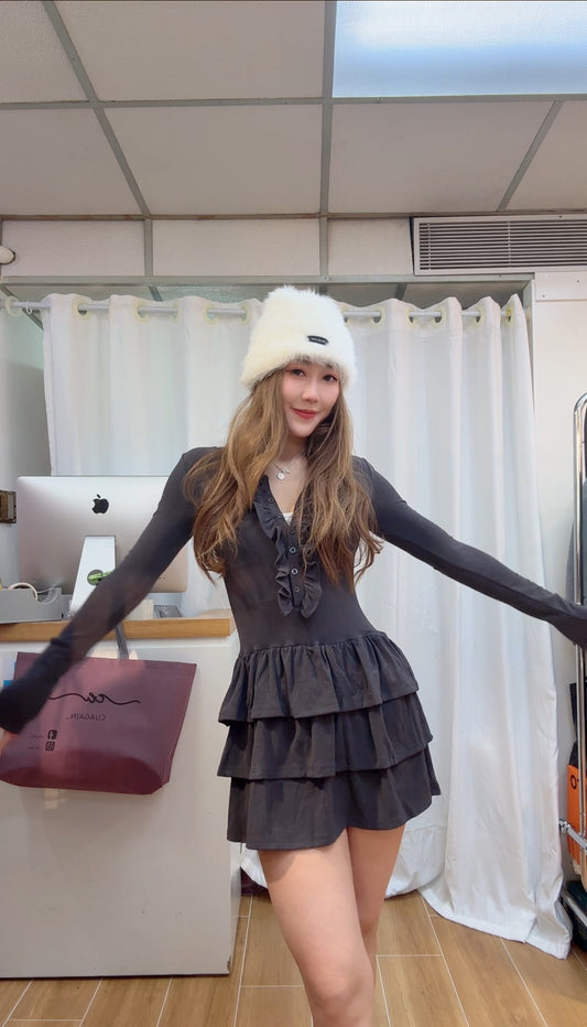 彈力棉質蛋糕連身短裙（黑/灰）