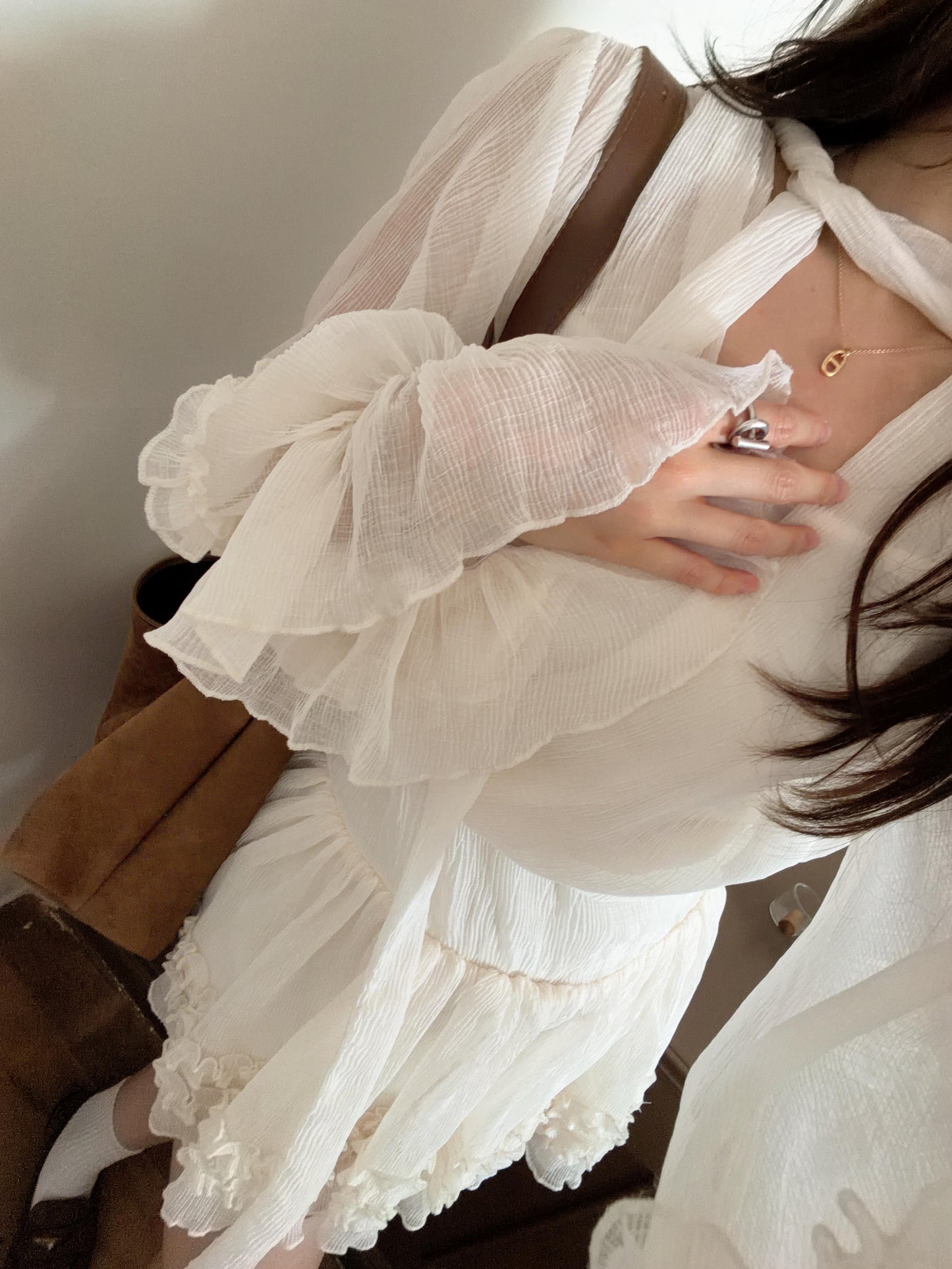 CU推薦* 透紗V領蓬蓬連身裙（淺杏）