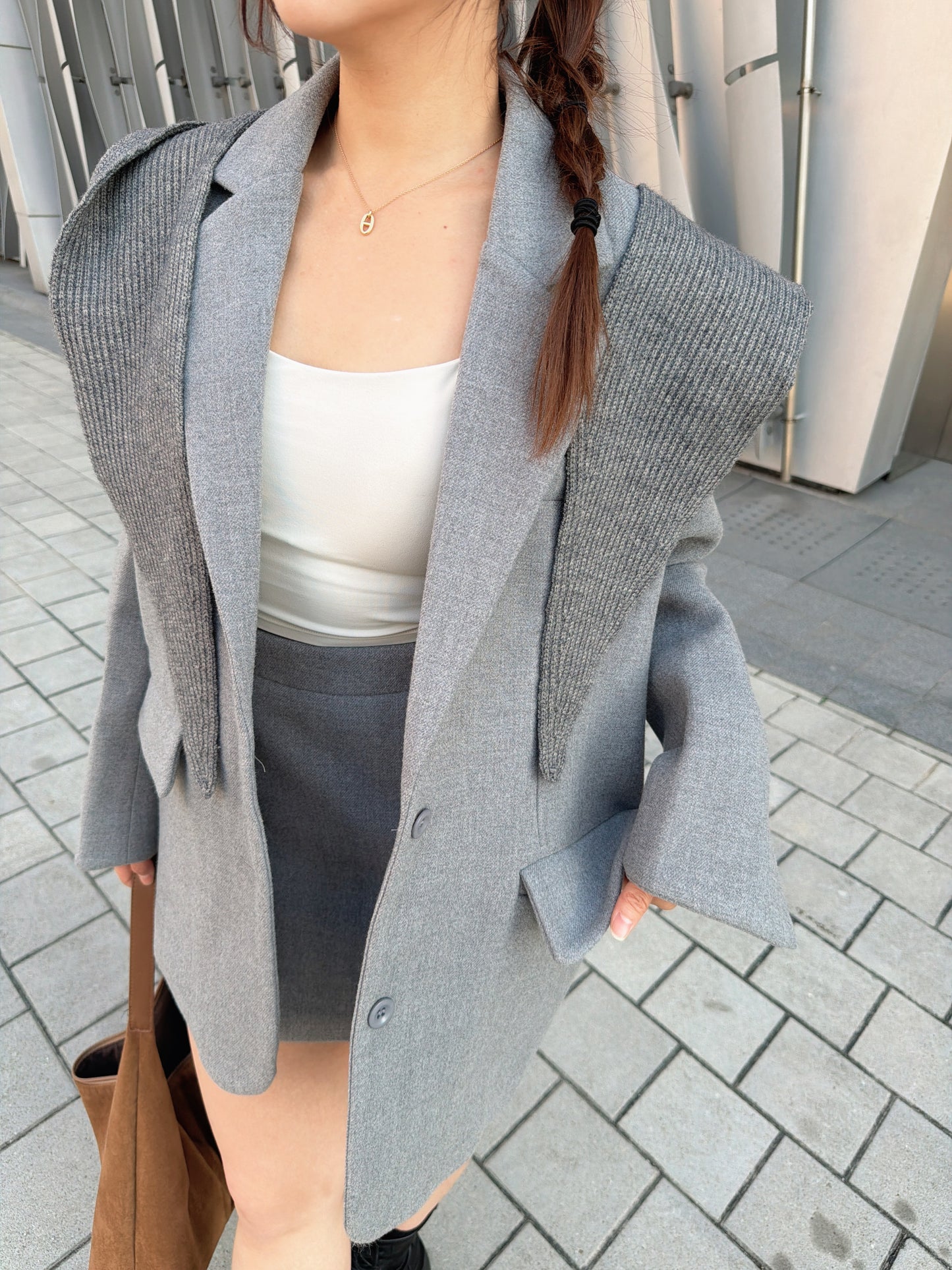 羊毛中長西裝褸套裝（啡/灰）