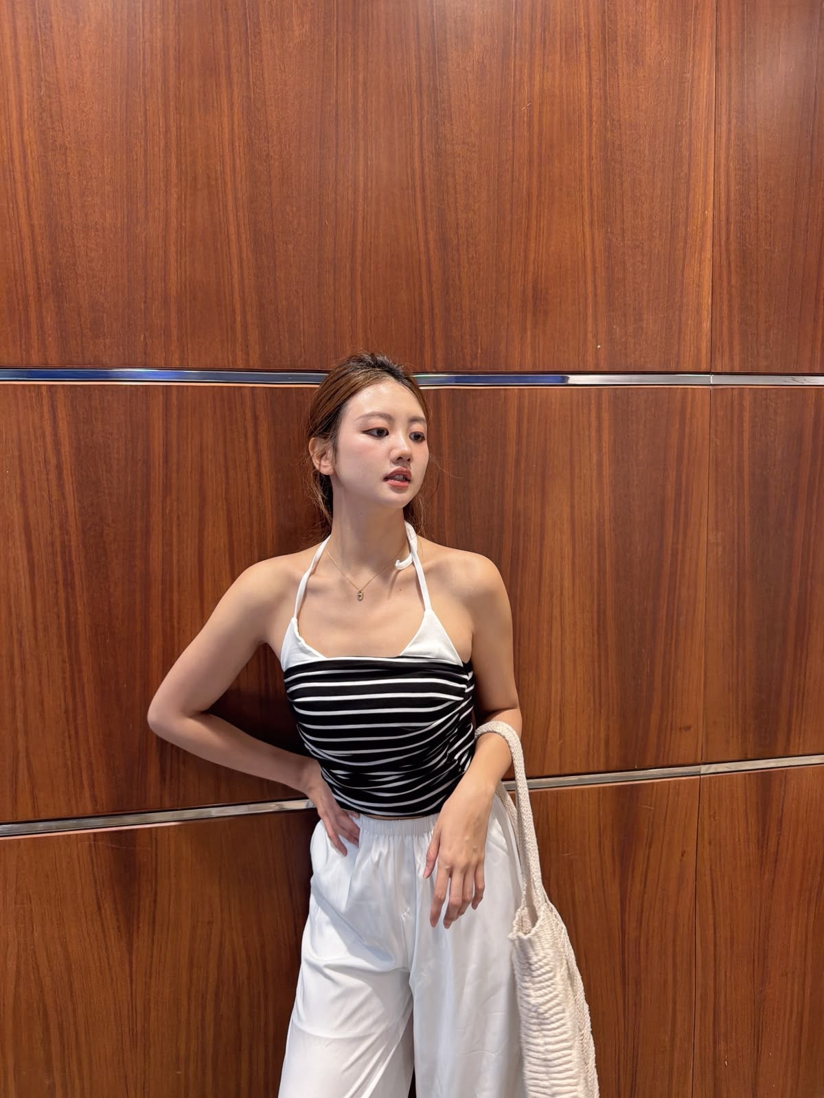 CU-間條拼接bra top (黑/白）