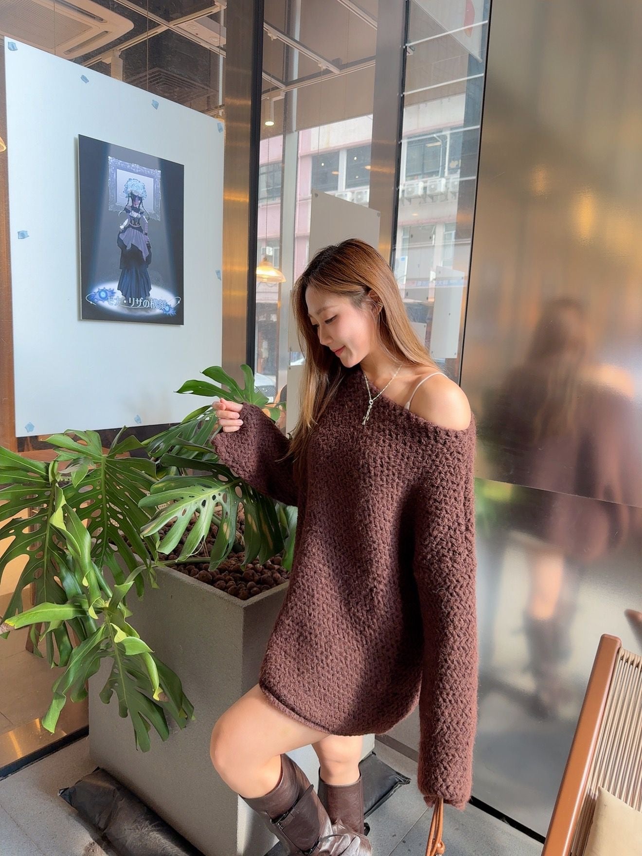 CU 慵懶大針織斜膊冷衫