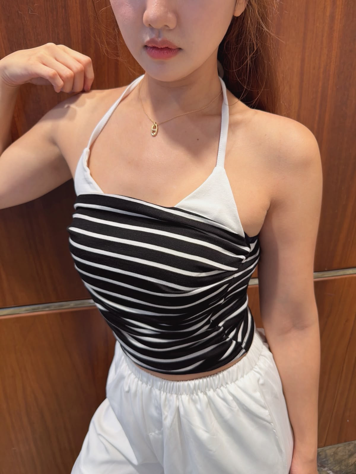 CU-間條拼接bra top (黑/白）