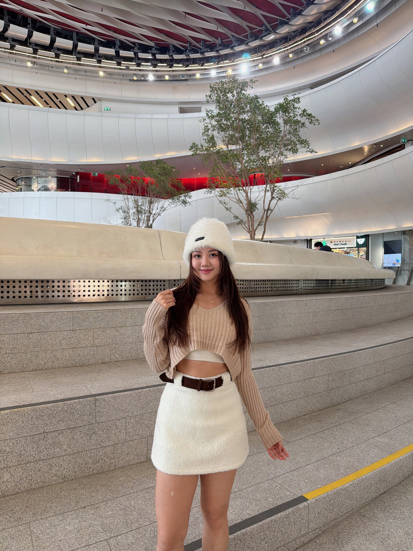 粗坑紋前短後長crop top (白/杏）