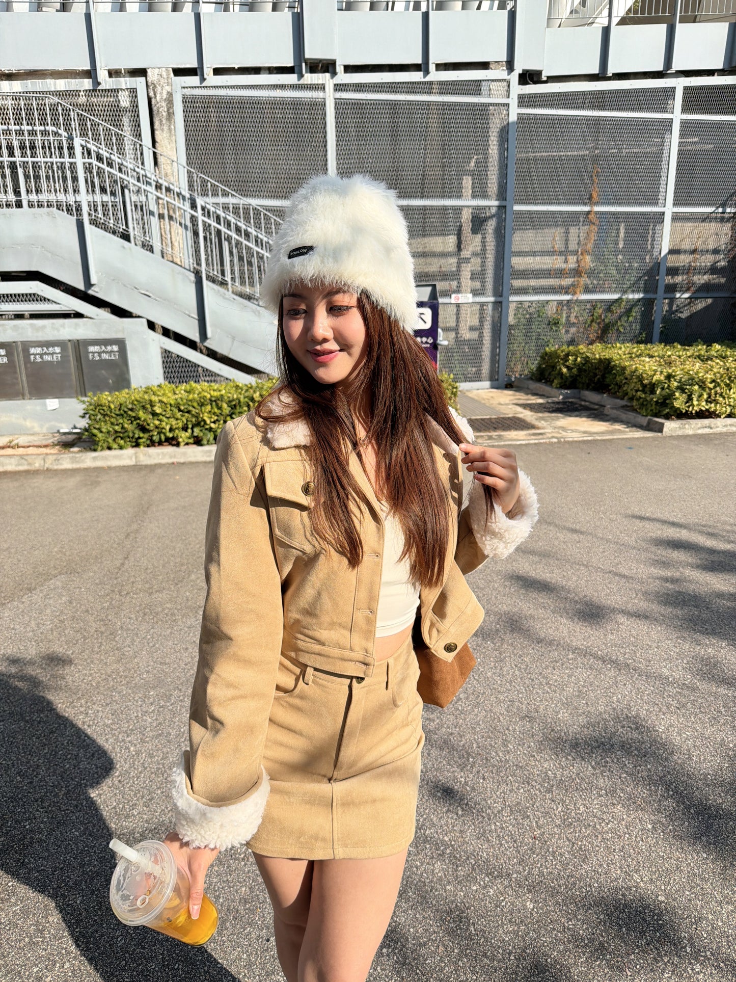 羽絨款毛毛領麂皮套裝裙（啡/奶茶）