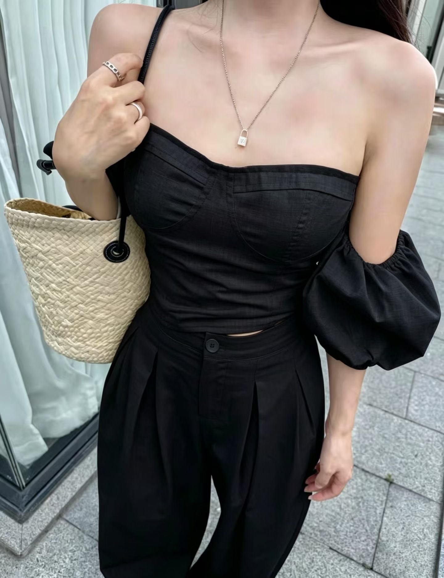 CU-2way麻質高腰闊褲套裝（黑/白/杏）