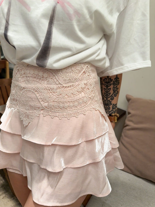 CU-淺粉lace邊V領上衣 ＋半身裙（S/M）